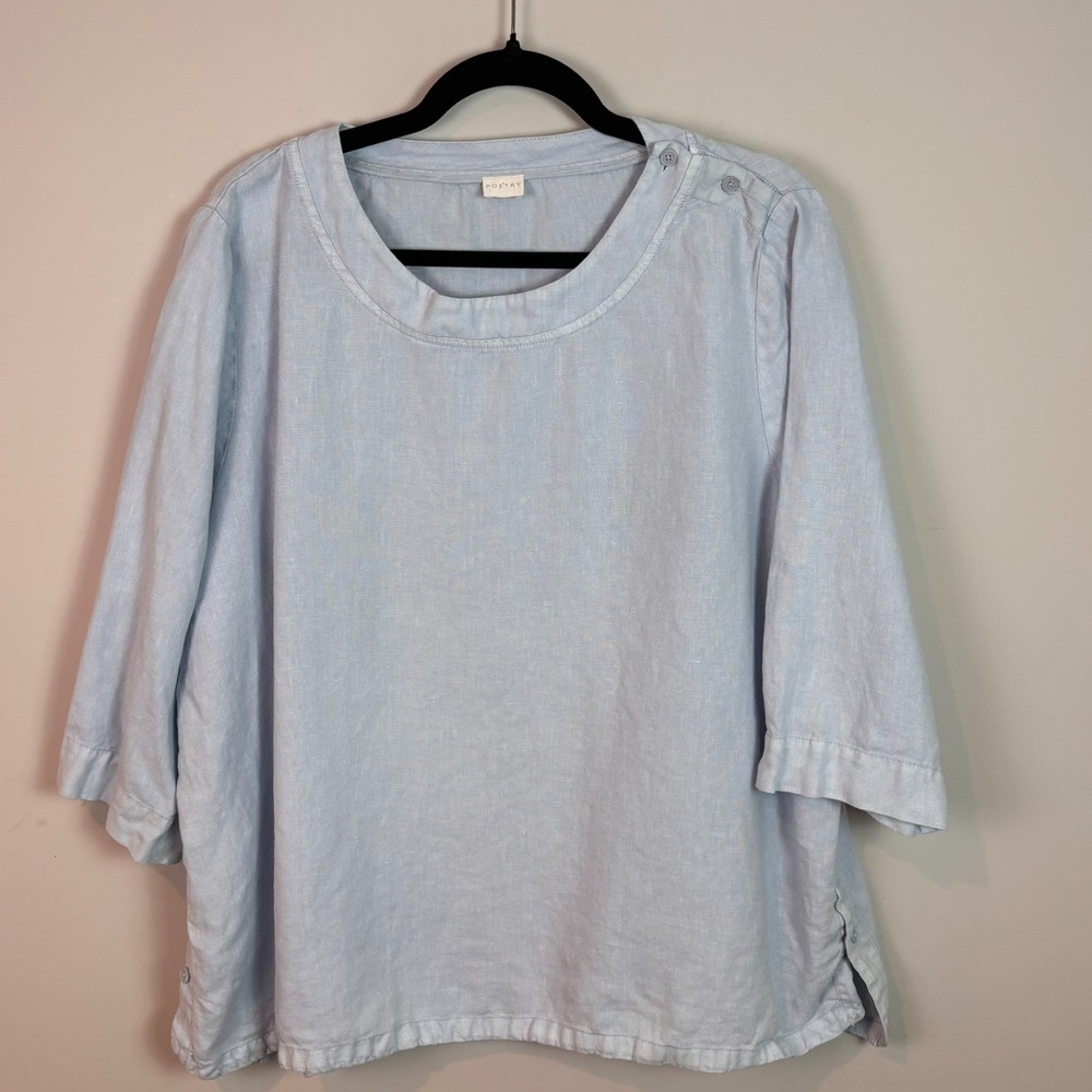 Poetry Womens Baby Blue 100% Linen 3/4 Sleeve Button Detail top sz 16 Lagenlook